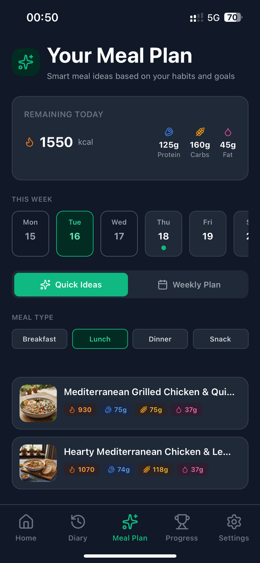NutriPlan Meal Plan Screen